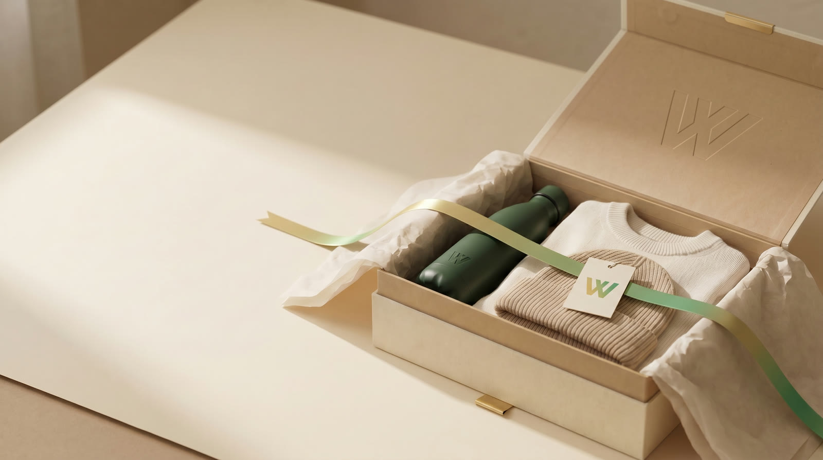 A branded gift box with the logo embossed on the lid